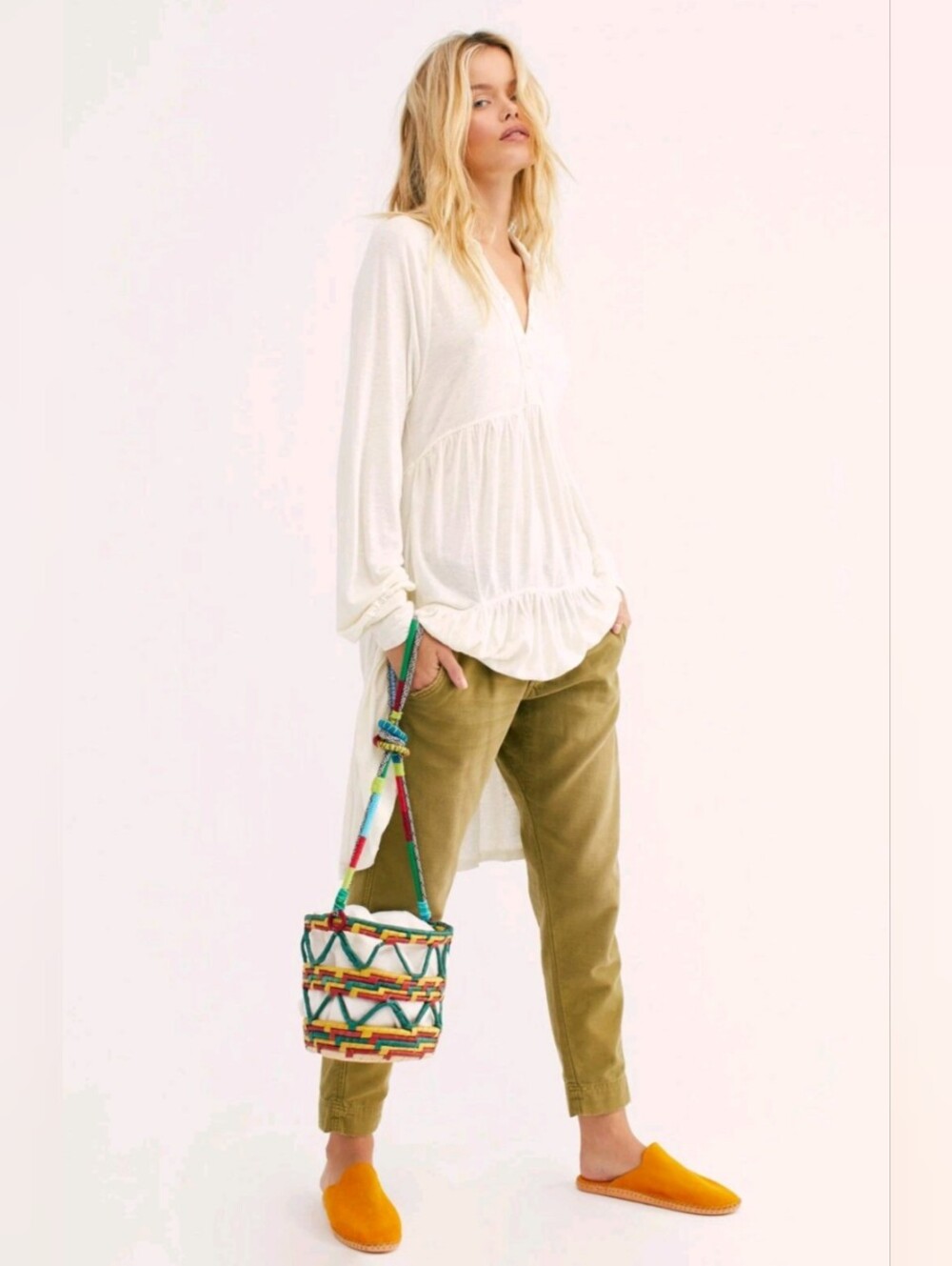 Free People Best Girl Cream Long-Sleeve Button Keyhole Tiered Tunic Top Dress M - Picture 2 of 13